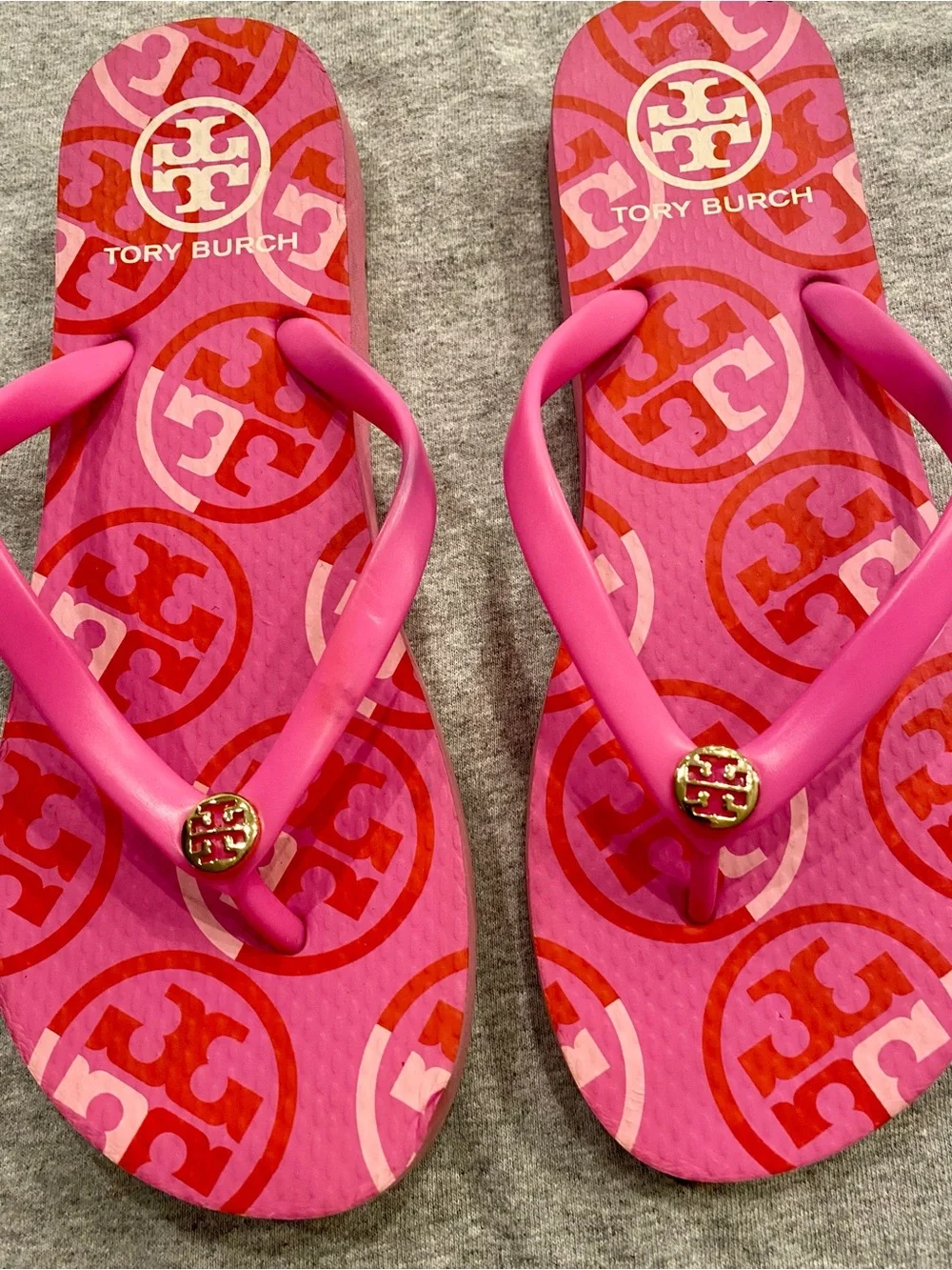 Tory Burch Pink Logo Flip Sandals with Gold Medallion